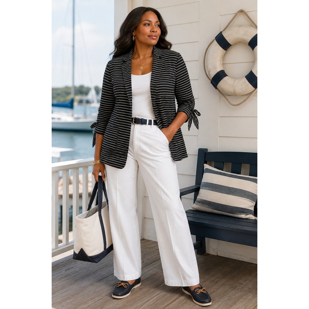 Doe & Rae Striped Blazer Womens L Black White Tie Cuff Open Front Nautical Style
